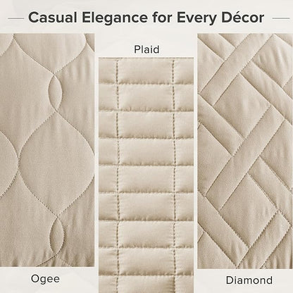 Comfort Spaces Queen Quilt Set Modern Reversible Plaid Coverlet Queen Bedding Set Cozy Quilted Winter Layer, All Season Lightweight Soft Queen Size Quilt, Kienna, Full/Queen Beige 3 Piece