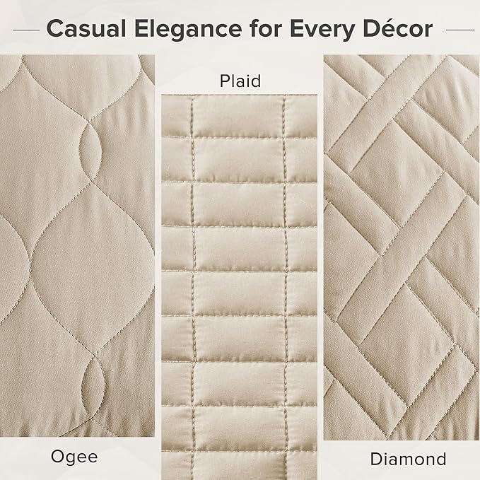 Comfort Spaces Twin Quilt Set Modern Reversible Plaid Coverlet Twin Bedding Set Cozy Quilted Winter Layer, All Season Lightweight Soft Twin Size Quilt, Kienna, Twin/Twin XL Beige 2 Piece