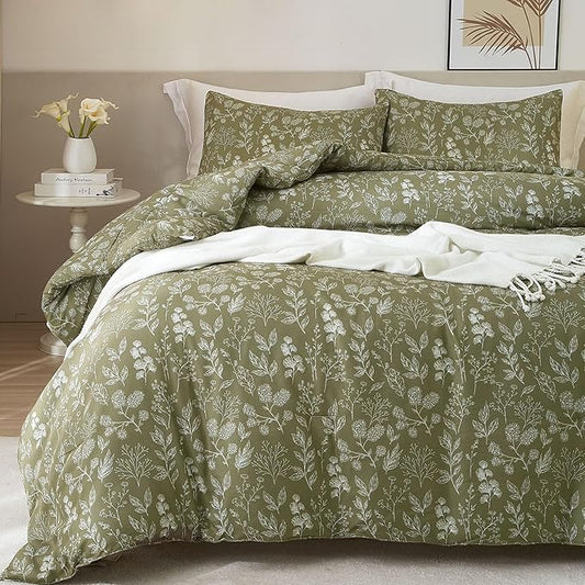 HighBuy Olive Green Comforter Set Twin XL 3 Pieces Aesthetic Floral Print Comforter Cute Flowers Bedding Set for Boys Girls with 2 Pillowcases for All Season - King Size Floral Comforter Set