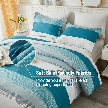 Litanika King Comforter Set White Teal - 3 Pieces Lightweight Fluffy Bedding Comforter Sets, All Season Down Alternative Comforter (1 Comforter, 2 Pillowcases)