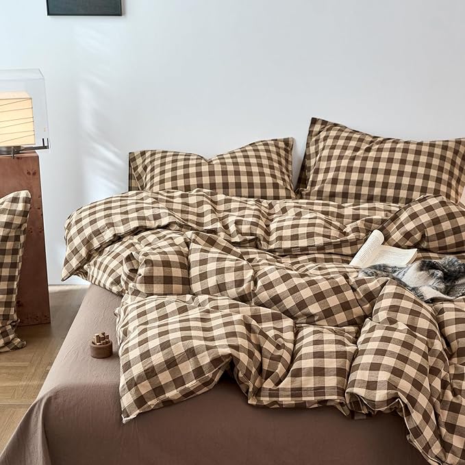 EAVD Vintage Style Brown&Beige Plaid Duvet Cover Set Twin Soft 100% Washed Cotton Like Linen Feel 3-Piece Checkered Gingham Duvet Cover with 2 Pillowcases Retro Buffalo Plaid Bedding Set with Zipper
