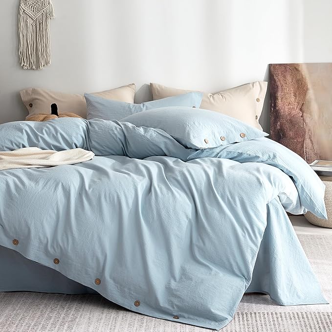 JELLYMONI 100% Washed Cotton Duvet Cover Queen – Soft, Breathable Linen-Look Bedding with Natural Wrinkle Texture, Button Closure, 3-Piece Set (Mist Blue, 90"x90")