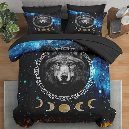 Comforter Set Twin Size, Wolf Animal Dog 5 Pcs Bedding for Kids and Adults, Starry Space Galaxy Bed Sheet Sets with Fitted Sheet Pillowcase & Sham for Bedroom Bed Decor
