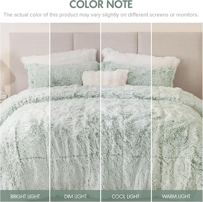 Intelligent Design King Comforter Set Fur-Like Shaggy Comforters for King Size Bed Warm, Fuzzy Bedding, All Season Luxurious Comforters King Size Bed Set, Malea, King/Cal King, Green/White 3 Piece