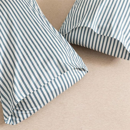 JELLYMONI 100% Natural Cotton 2pcs Striped Duvet Cover Sets,White Duvet Cover with Grayish Blue Stripes Pattern Printed Comforter Cover,with Zipper Closure & Corner Ties(Twin Size)