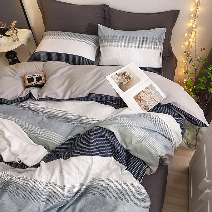 VM VOUGEMARKET Stripes Comforter Set King Gray Blue Striped Bedding Comforter with 2 Pillowcases Modern Style Lightweight Soft Comforter Set for Men Adutls
