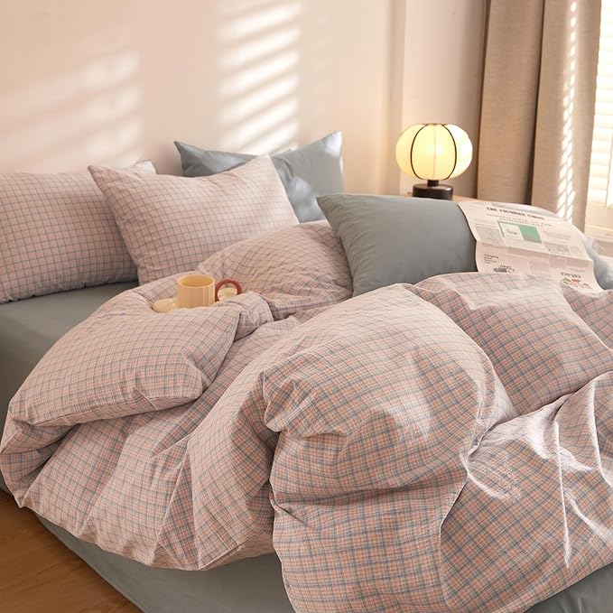EAVD Pink Blue Grid Plaid Comforter Set Queen Soft Gingham Comforter Set 3 Pieces Modern Style Grid Checkered Pattern Bedding Set with 2 Pillowcases Reversible Gingham Bedding Set for All-Season