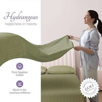 Carressa Linen Luxury Egyptian Cotton California King Stripe Sheet Set - 600 Thread Count Extra Long Staple 4 PC Set, Cal King Damask Sheets, Soft, Cooling Sheets Upto 18 in Deep Pocket - Herb Garden