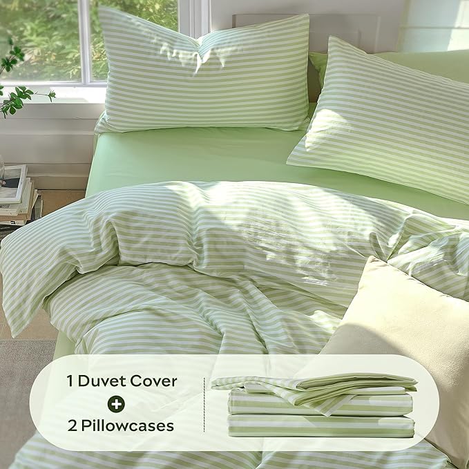 JELLYMONI Striped Duvet Cover Set - Full Size Comforter Cover, Classic Sage Green & White Stripes, 100% Cotton 3 Pcs Bedding with Zipper Closure & 8 Corner Ties for Guest or Teen Room