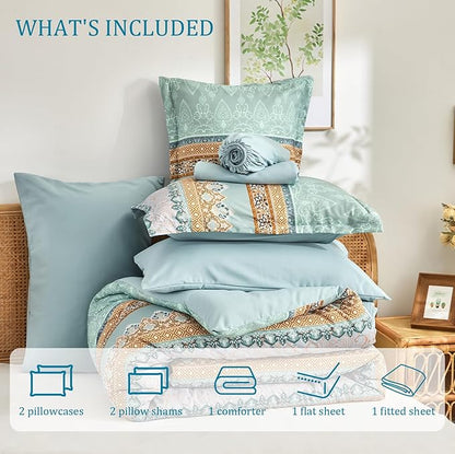 Boho Comforter Set Queen - 7 Pieces Bed in a Bag, Bohemian Striped Comforter Set with Sheets, Soft Microfiber Sage Green Floral Bedding Set for All Season