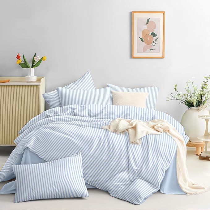 Nayoroom Blue Striped Duvet Cover Queen Size White Stripe Duvet Cover Dorm Bedding Set 3 Pieces Soft Lightweight Washed Microfiber Farmhouse Bedding Set Gifts for Women Men