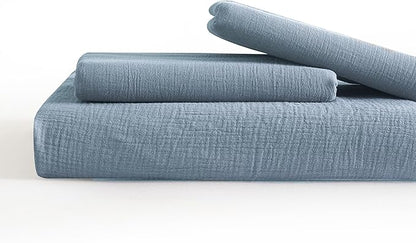 SE SOFTEXLY Muslin Duvet Cover King Size, 100% Washed Cotton Duvet Cover Set, Ultra Soft Comforter Cover Linen Like, 3 Pieces Minimalist Gauze Duvet Cover with 2 Pillowcases, 90"x104", Blue