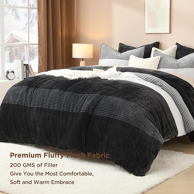 Litanika Fluffy Fleece King Size Comforter Set, Luxury Soft Plush Fuzzy Black & White Stripe Bedding Comforter Sets, Warm Shaggy Faux Fur Bed Set All Season (1 Comforter, 2 Pillowcases)