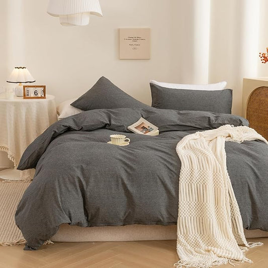 ECOCOTT 100% Washed Cotton Duvet Cover Super Queen Size – Soft & Breathable Linen Feel Bedding Set, 3 Pieces Grey Comforter Cover with Zipper Closure for All Seasons