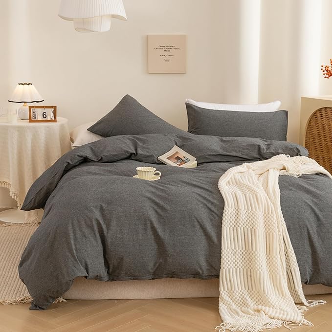 ECOCOTT 100% Washed Cotton Duvet Cover Super King Size – Soft & Breathable Linen Feel Bedding Set, 3 Pieces Grey Comforter Cover with Zipper Closure for All Seasons