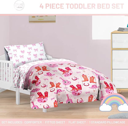 Jay Franco Kids Comforter Set Includes Sheets and Pillow Covers - Soft and Cozy Bed Set for Stylish Room Decor, Pink - Cowgirl Boots & Bows 4 Piece Toddler Size Bedding
