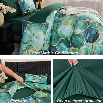 ANGIYUIN 7Pcs Teal Green Marble Comforter Set Full Watercolor Gold Bedding Set Geometric Honeycomb Printed Bed Sets Luxury Gold Leaves Bed in A Bag for Women Men(Full Teal Green)