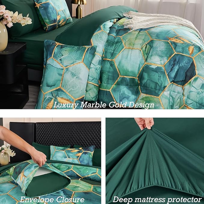 ANGIYUIN 7Pcs Turquoise Green Marble King Size Bed in A Bag with Sheets Gold Honeycomb Watercolor Printed Comforter Set Luxury Foil Print Bedding Sets for Women Men(King Teal Green)