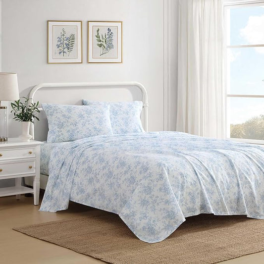 Laura Ashley - King Sheet Set, Crisp & Cool Cotton Percale Bedding with Deep Pockets, Lightweight for Year Round Comfort, Bed Sheets with Matching Pillowcases (Walled Garden Blue)