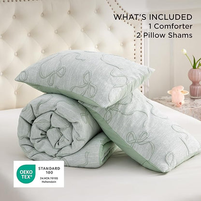 Bedsure Sage Green Comforter Set Queen, GentleSoft™ 3 Pieces Breathable Bow Comforter Set Women Girls with 2 Pillow Shams, Cute Queen Bedding Sets Room Decor Aesthetic Bedroom Decor, 90x90 Inches