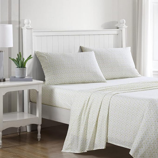 Laura Ashley - King Sheets, Cotton Percale Bedding Set, Lightweight & Breathable Home Decor (Evie Yellow, King)
