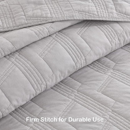 HORIMOTE HOME 100% Cotton Quilt Set Queen Size, Light Grey Pre-Washed Bedspread Coverlet Set, Cozy Lightweight Stitching Decorative Bedding Cover with 2 Shams in Geometric Pattern for All Season