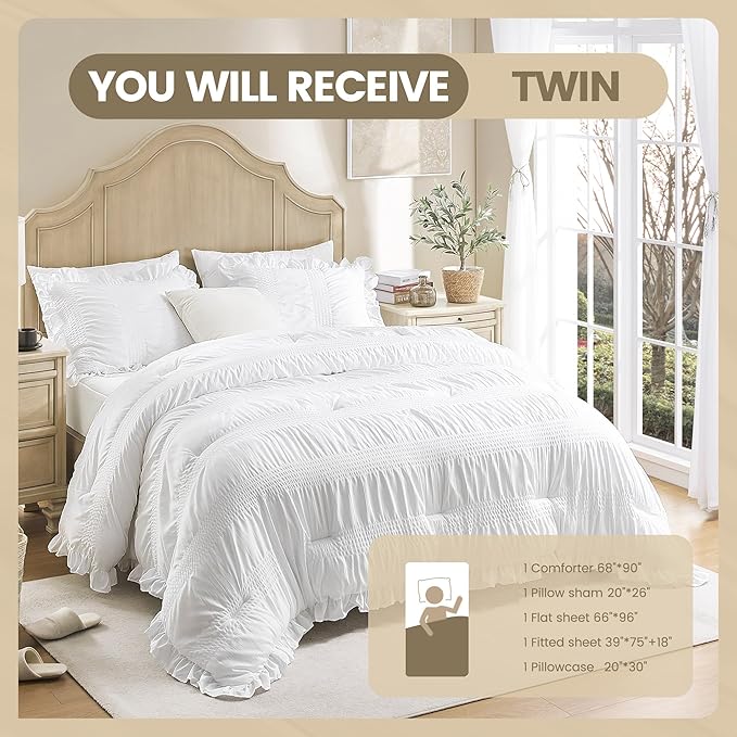 QUIETSEA Twin Comforter Set Seersucker 5 Pieces Luxury Ruffle Bed in a Bag Twin Size for All Season White Bedding Set with Comforter, Pillowcase, Flat Sheet, Fitted Sheet and Pillow Sham