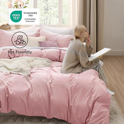Bedsure Pink Duvet Cover King Size - 3 Pieces Prewashed Cotton-Like Polyester Extra Soft Bedding Set, Includes 1 Duvet Cover 104x90 Inches with Zipper Closure & 2 Pillow Shams, Comforter Not Included