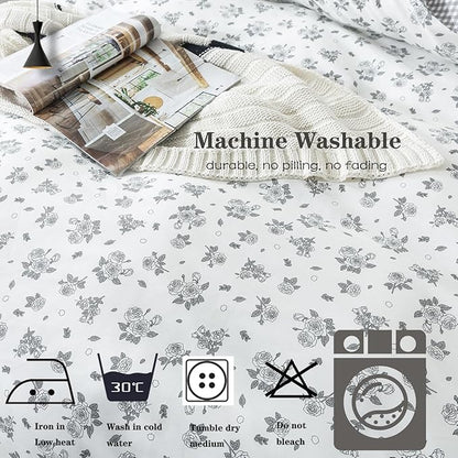 FADFAY Floral Duvet Cover Set Twin XL - 100% Cotton College Comforter Cover Set with Hidden Zipper - Grey Rose Flower Pattern - Soft Breathable Farmhouse Bedding for Dorm Room, School - 3 Pcs
