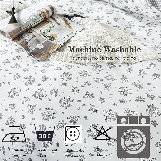 FADFAY Twin Size Duvet Cover Set 100% Cotton Grey White Floral Comforter Cover Soft Breathable Girls Bed Cover Farmhouse Bedding with Hidden Zipper 3 Pcs, Twin