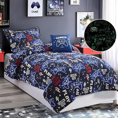 Twin Comforter Set for Boys-3 Pieces Gamer Glow in the Dark Twin Bedding Sets for Kids,1 Comforter,1 Sham and 1 Decor Pillow