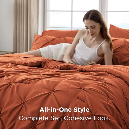 Bedsure Twin XL Comforter Set - Extra Long 5 Pieces Dorm Bedding Sets, GentleSoft™ Pinch Pleat Burnt Orange Bed in a Bag with Pintuck Comforter, Sheets, Pillowcase & Sham