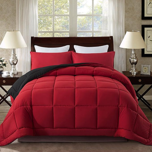 DOWNCOOL Full Size Comforter Sets -All Season Bedding Comforters Sets with 2 Pillow Cases -3 Pieces Bed Set Down Alternative Comforter Set -Red/Black Bedding Sets Full(82"x86")