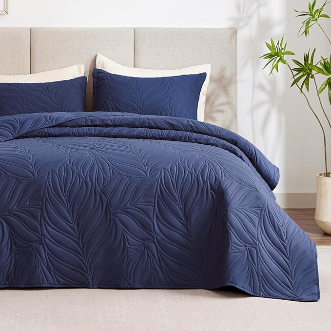 EXQ Home Quilt Set King Size Navy 3 Piece,Lightweight Soft Coverlet Modern Style Leaf Pattern Bedspread Set(1 Quilt,2 Pillow Shams)