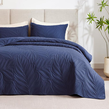 EXQ Home Quilt Set Full Queen Size Navy 3 Piece,Lightweight Soft Coverlet Modern Style Leaf Pattern Bedspread Set(1 Quilt,2 Pillow Shams)
