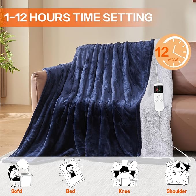 Electric Heated Blanket Queen Size 84''x90'' - Dual-Control Heating Blanket, Soft & Warm Flannel 10-Level Temperature Control, 8 Hours Auto Off, Rapid Heating & Overheat Protection