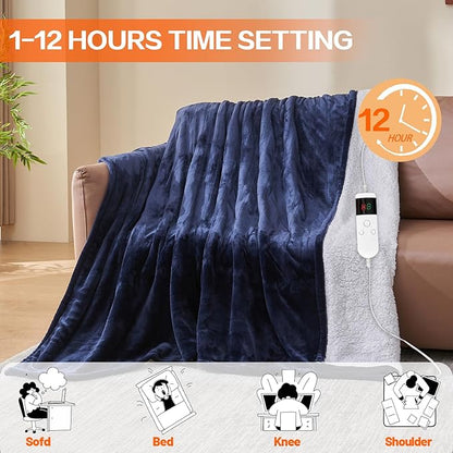 Electric Heated Blanket Queen Size 84''x90'' - Dual-Control Heating Blanket, Soft & Warm Flannel 10-Level Temperature Control, 8 Hours Auto Off, Rapid Heating & Overheat Protection