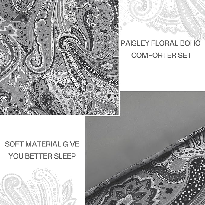 DJY Grey Paisley Comforter Set King, 7 Piece Boho Paisley Dark Gray Bed in a Bag Comforter Set, Soft Microfiber Complete Bedding Set for All Season (104''x90)