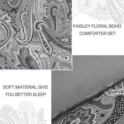 DJY Grey Paisley Comforter Set Queen, 7 Piece Boho Paisley Dark Gray Bed in a Bag Comforter Set, Soft Microfiber Complete Bedding Set for All Season (90''x90)