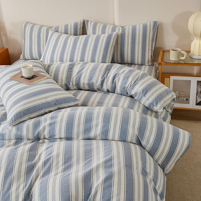 Retro Striped Duvet Cover Set Full Size, 100% Washed Cotton Blue White Stripes Pattern Printed Bedding Set, Vintage Striped Soft Breathable Duvet Cover with 2 Pillowcases Farmhouse Bedding Set Full