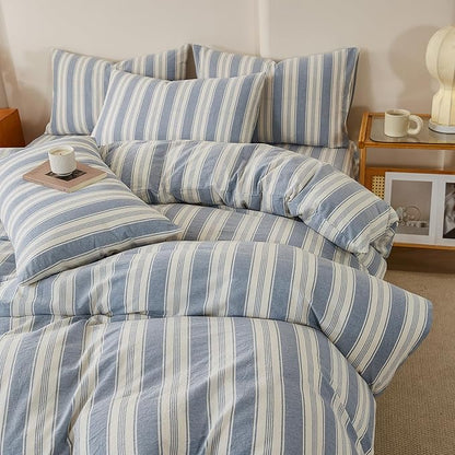 Retro Striped Duvet Cover Set Full Size, 100% Washed Cotton Blue White Stripes Pattern Printed Bedding Set, Vintage Striped Soft Breathable Duvet Cover with 2 Pillowcases Farmhouse Bedding Set Full