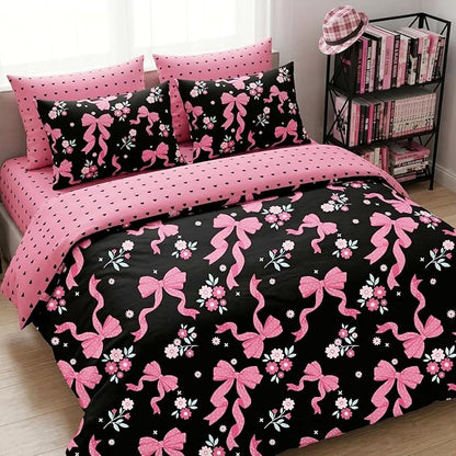 Black Pink Bow Comforter Set King Size, 3 Pcs Pink Ribbon Bowknot Reversible Comforter Love Heart Soft Microfiber Bedding Set with 2 Pillowcases, 104"x90"
