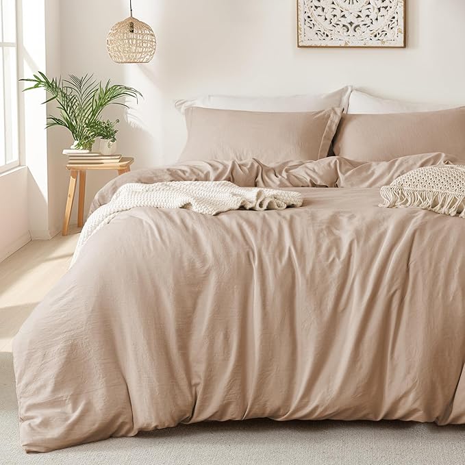 MILDLY Super Soft Duvet Cover 2pcs - 100% Washed Microfiber Rugby Tan Comforter Cover Set with Zipper Closure & Corner Ties (No Comforter)