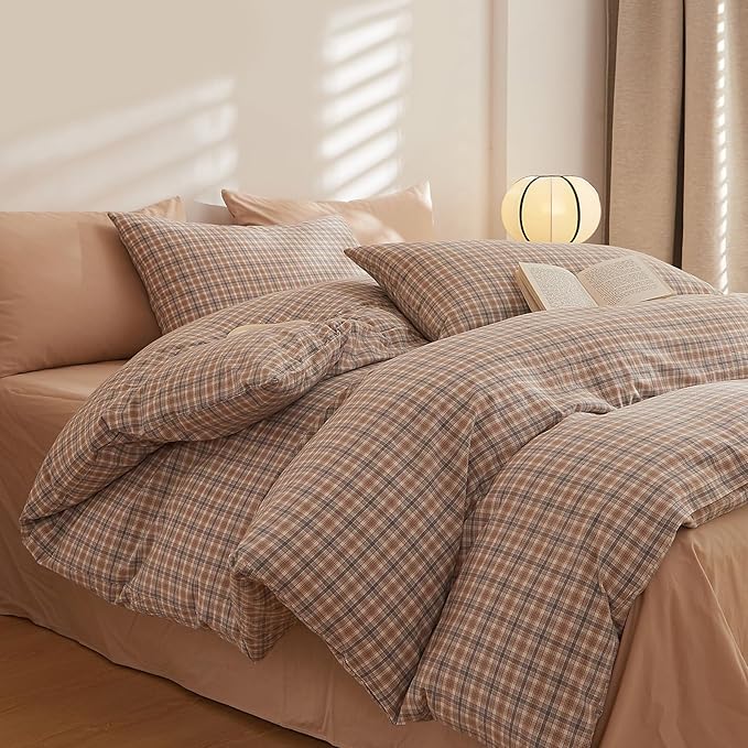Plaid Comforter Set Full Washed Cotton Down Alternative Bedding Set Vintage Farmhouse Fluffy Boho Bedding Comforter Sets Neutral Soft All Season Rustic Bed Comforter with 2 Pillowcases