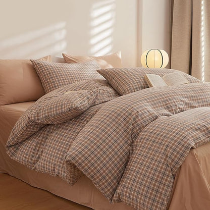 Plaid Comforter Set Full Washed Cotton Down Alternative Bedding Set Vintage Farmhouse Fluffy Boho Bedding Comforter Sets Neutral Soft All Season Rustic Bed Comforter with 2 Pillowcases