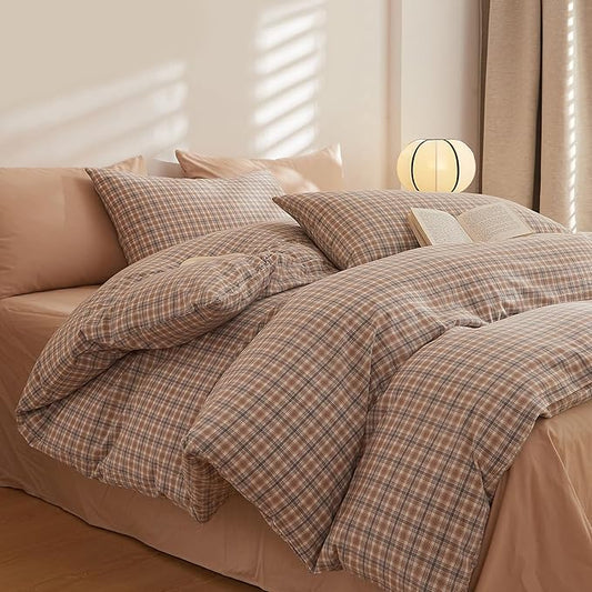 Plaid Comforter Set Full Washed Cotton Down Alternative Bedding Set Vintage Farmhouse Fluffy Boho Bedding Comforter Sets Neutral Soft All Season Rustic Bed Comforter with 2 Pillowcases