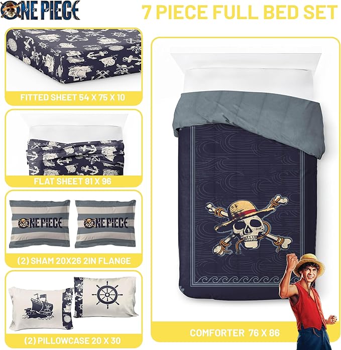 Jay Franco One Piece Full Size Comforter Set - 7 Piece Blue Bedding Includes Sheet Set & Pillow Covers - Super Soft Anime Bedding with Skull and Bones