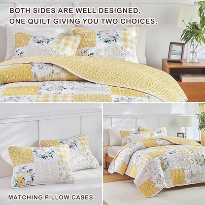 Joyreap 3 Pieces Floral Patchwork Quilt Set King, Yellow n White Flowers Design, Soft n Cozy Microfiber Quilt, Bedspread Bed Cover for All Season, 1 Quilt and 2 Pillow Shams- 102x90 inches