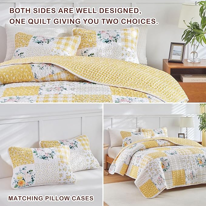Joyreap 3 Pieces Patchwork Quilt Set California King, 102x114 inches- Yellow n White Flowers Design, Smooth Soft Microfiber Quilt, Bedspread Bed Cover for All Season