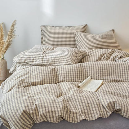 EAVD Vintage Style Grey Plaid Duvet Cover Full Soft 100% Washed Cotton Chic Grey Checkered Gingham Bedding Set with 2 Pillowcases Farmhouse Gingham Duvet Cover with Zipper Closure